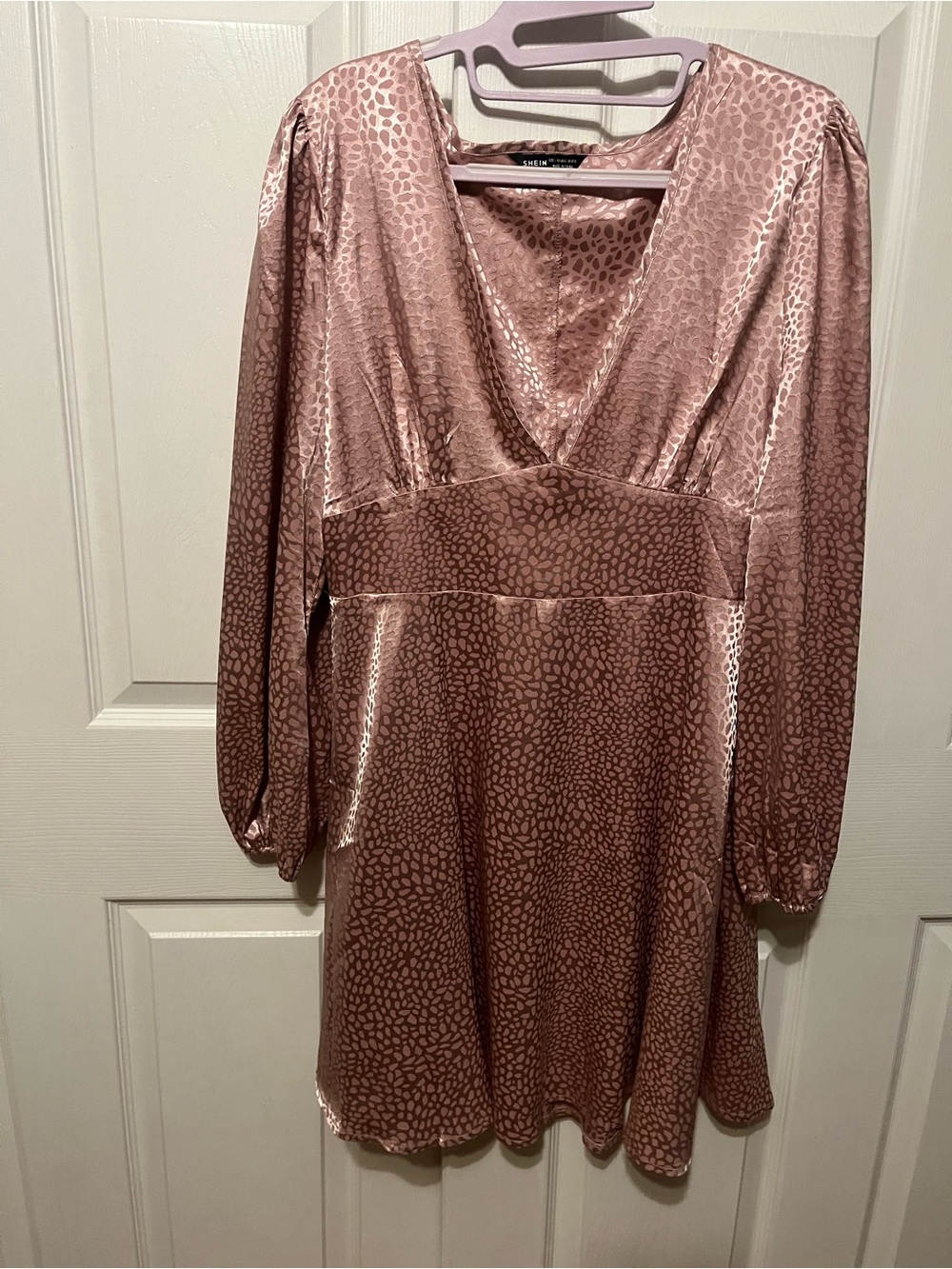 SHEIN Rose Pink Textured Satin V-Neck Long Sleeve Dress